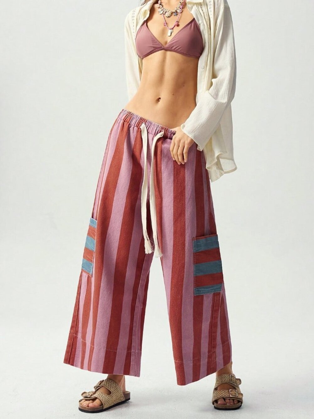 Multicolor Casual Women's Woven Striped Loose Wide Leg Long Pants